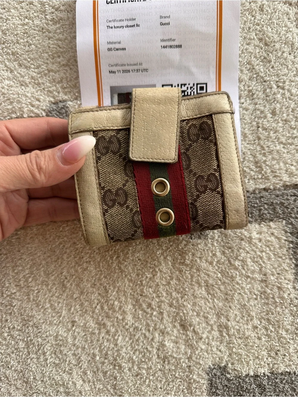 Gucci Small Monogram Canvas Wallet with Red and Green Stripe